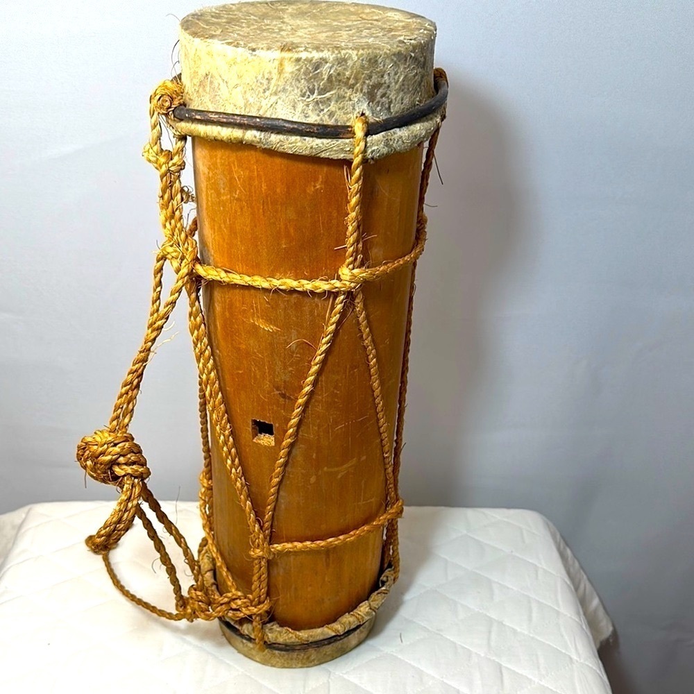 Antique Handcrafted Wooden Gunono Drum Double Headed Animal Skin Rope Detailing